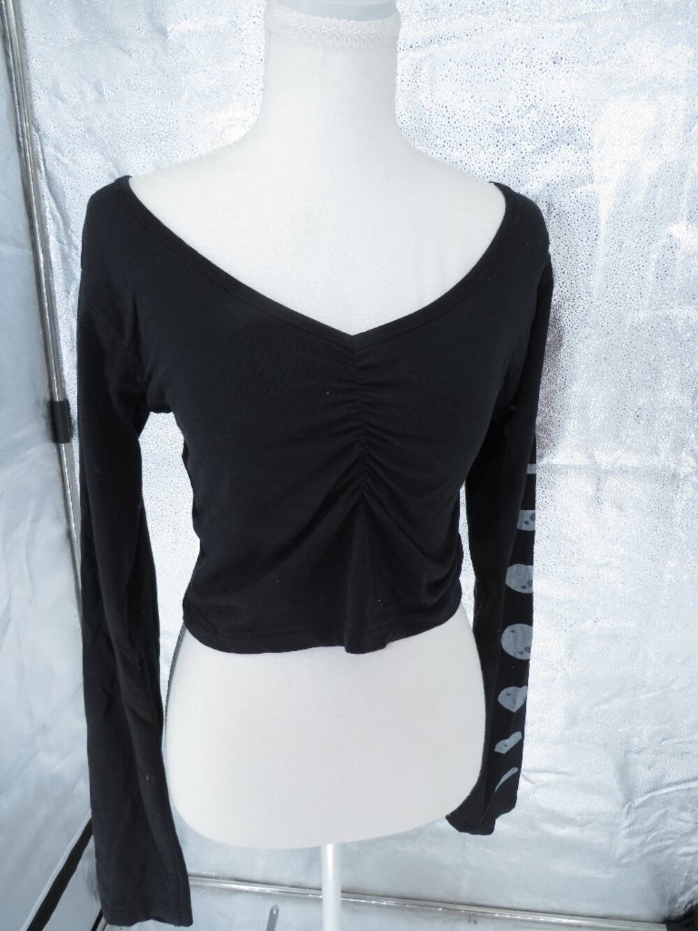 Earthbound Trading Co Moon Phase Off‑Shoulder Ruched Crop Top – Boho Celestial